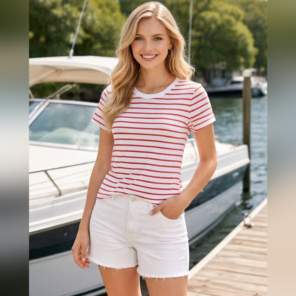 J. Crew Girlfriend Classic Red and White Striped Tee Size M